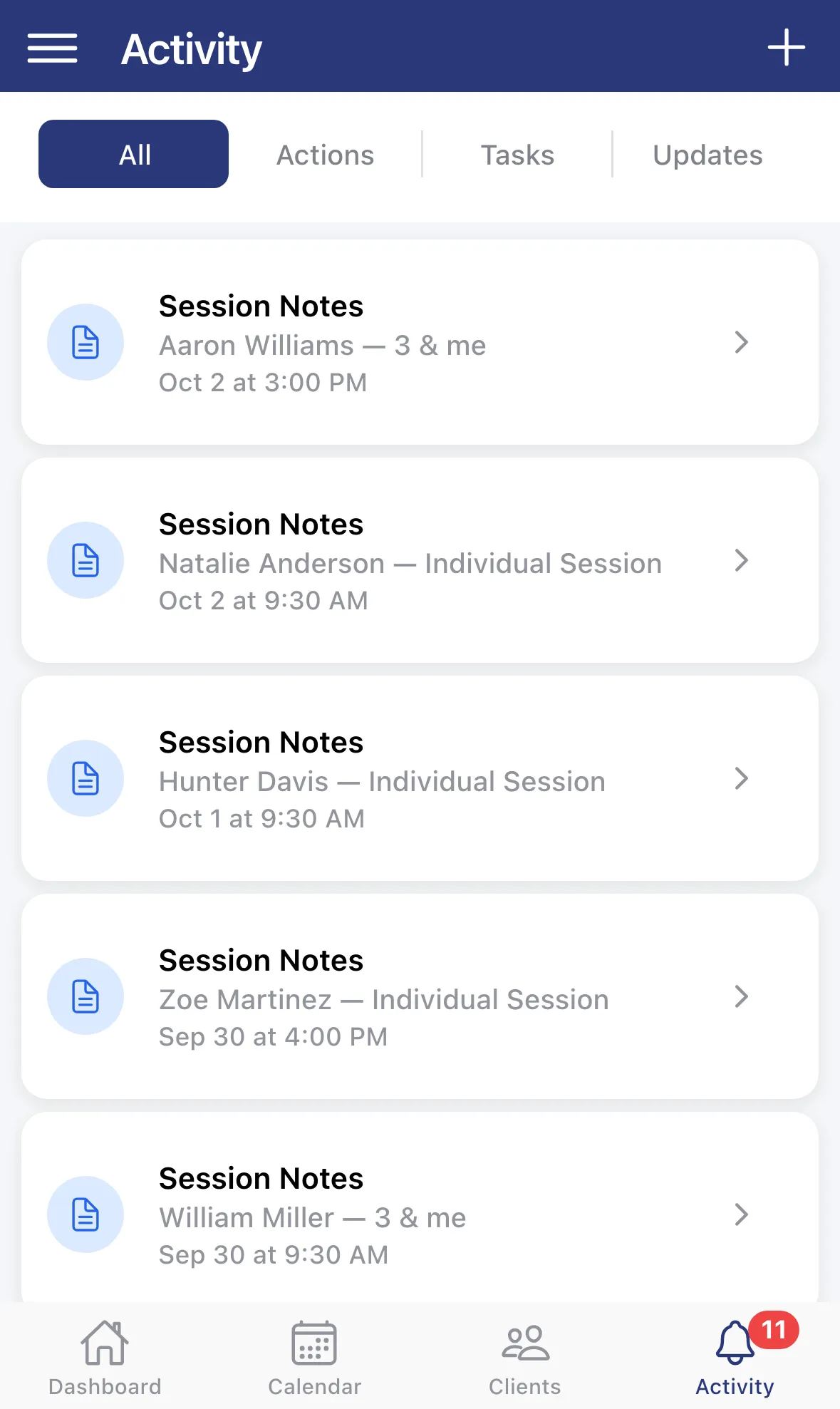 The Activity tab with filters and Session Notes reminders