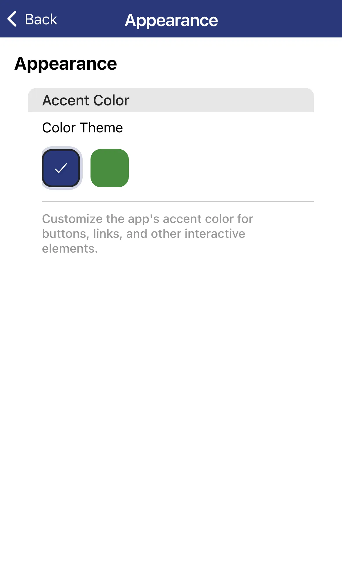 The Appearance screen with the color choices and a tick on the one in use