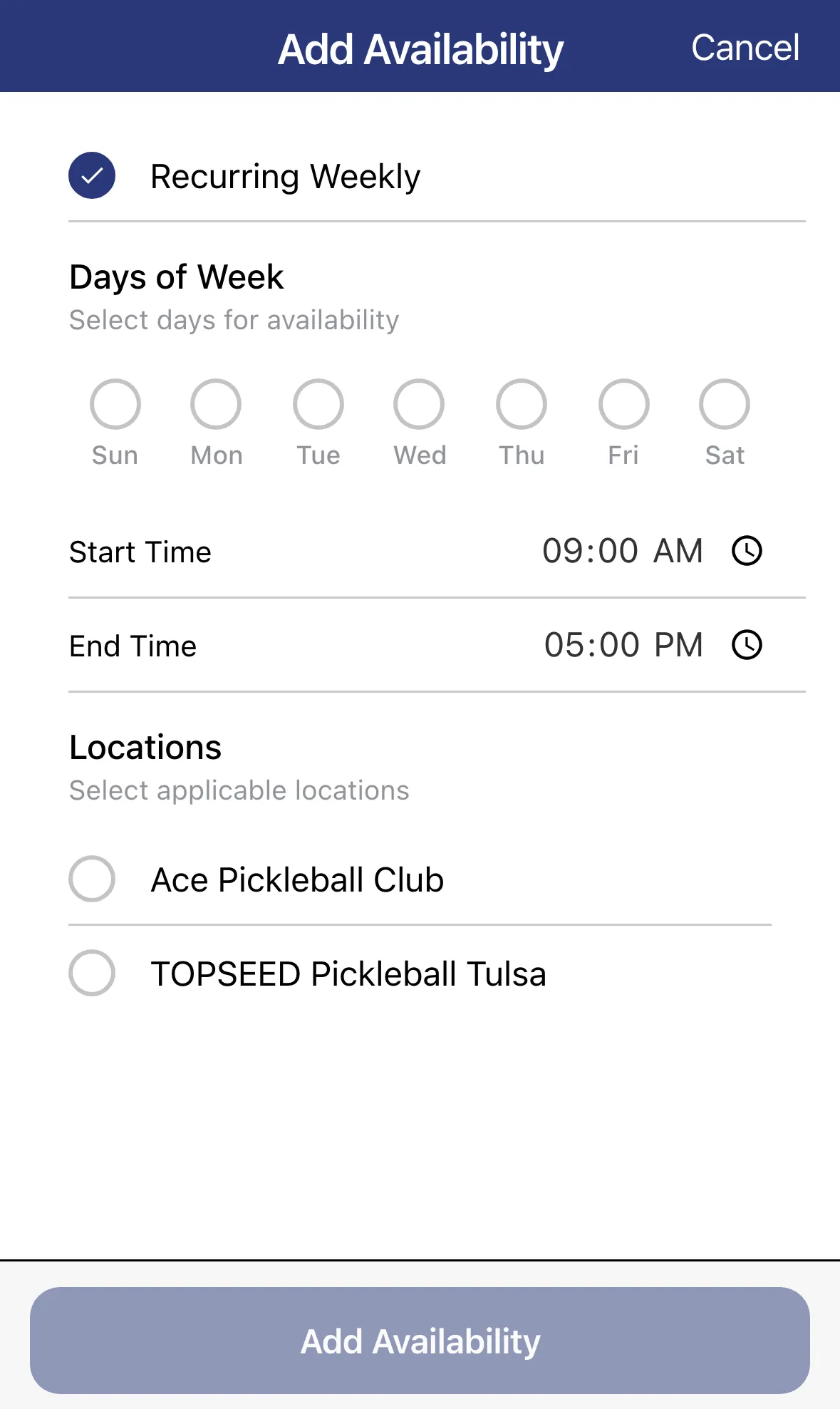The Add Availability form