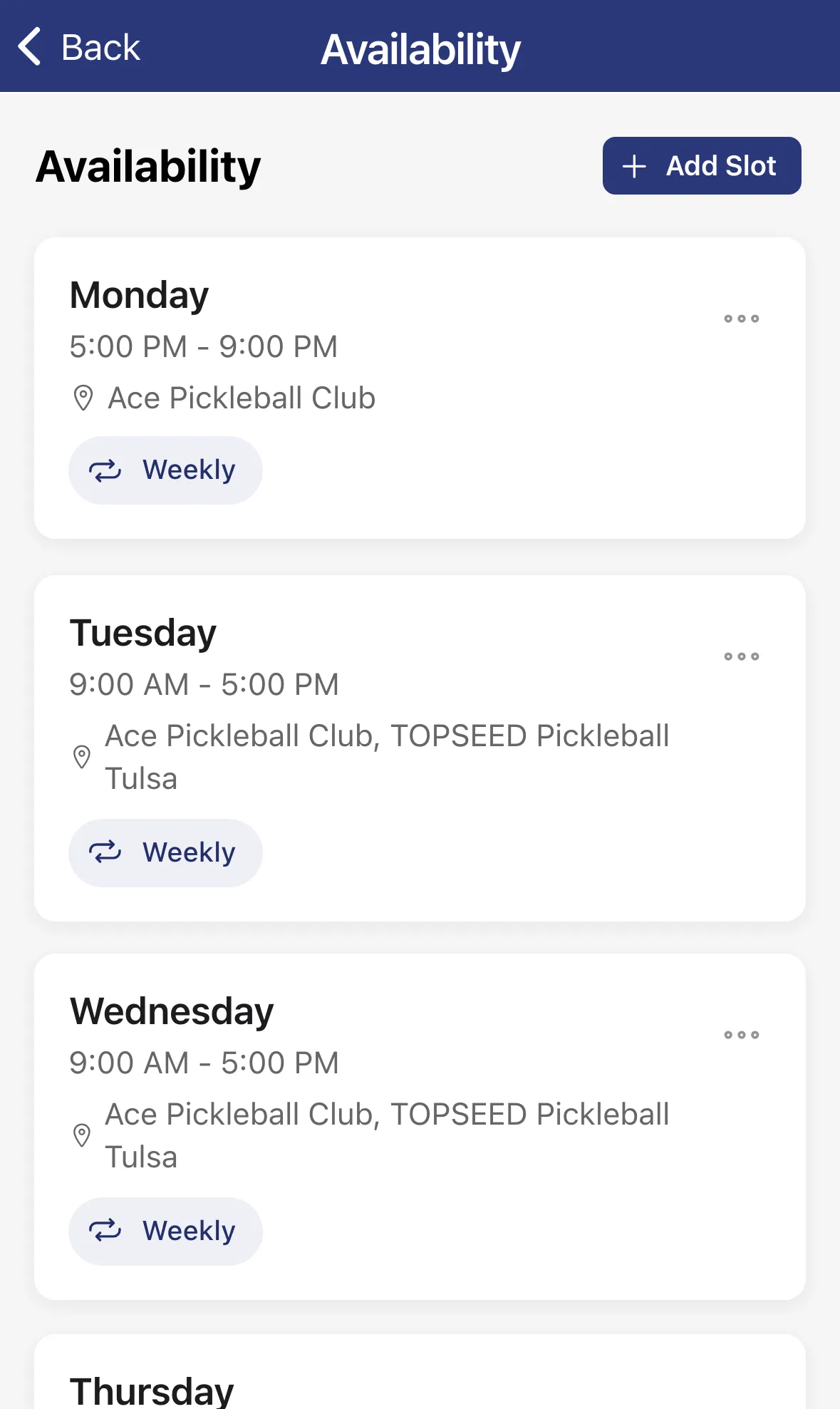 The Availability list showing weekly slots