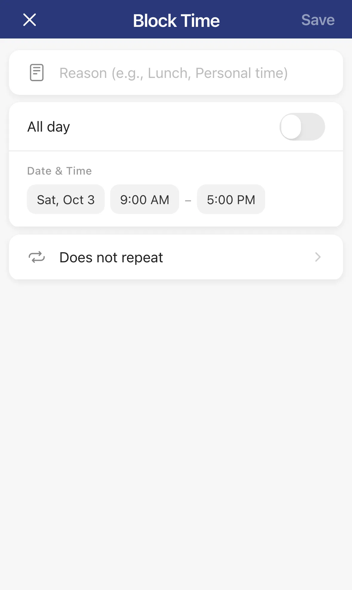 The Block Time form with a reason, an All day switch, date and time, and Does not repeat