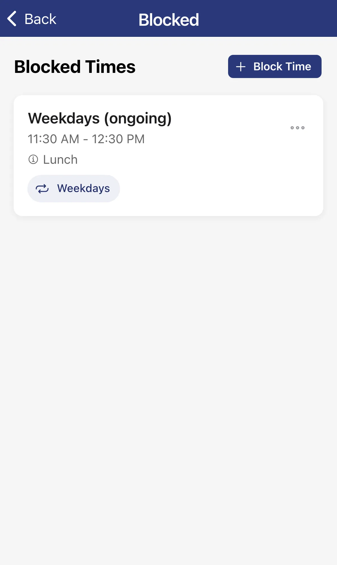 The Blocked Times list, empty before any blocks are added