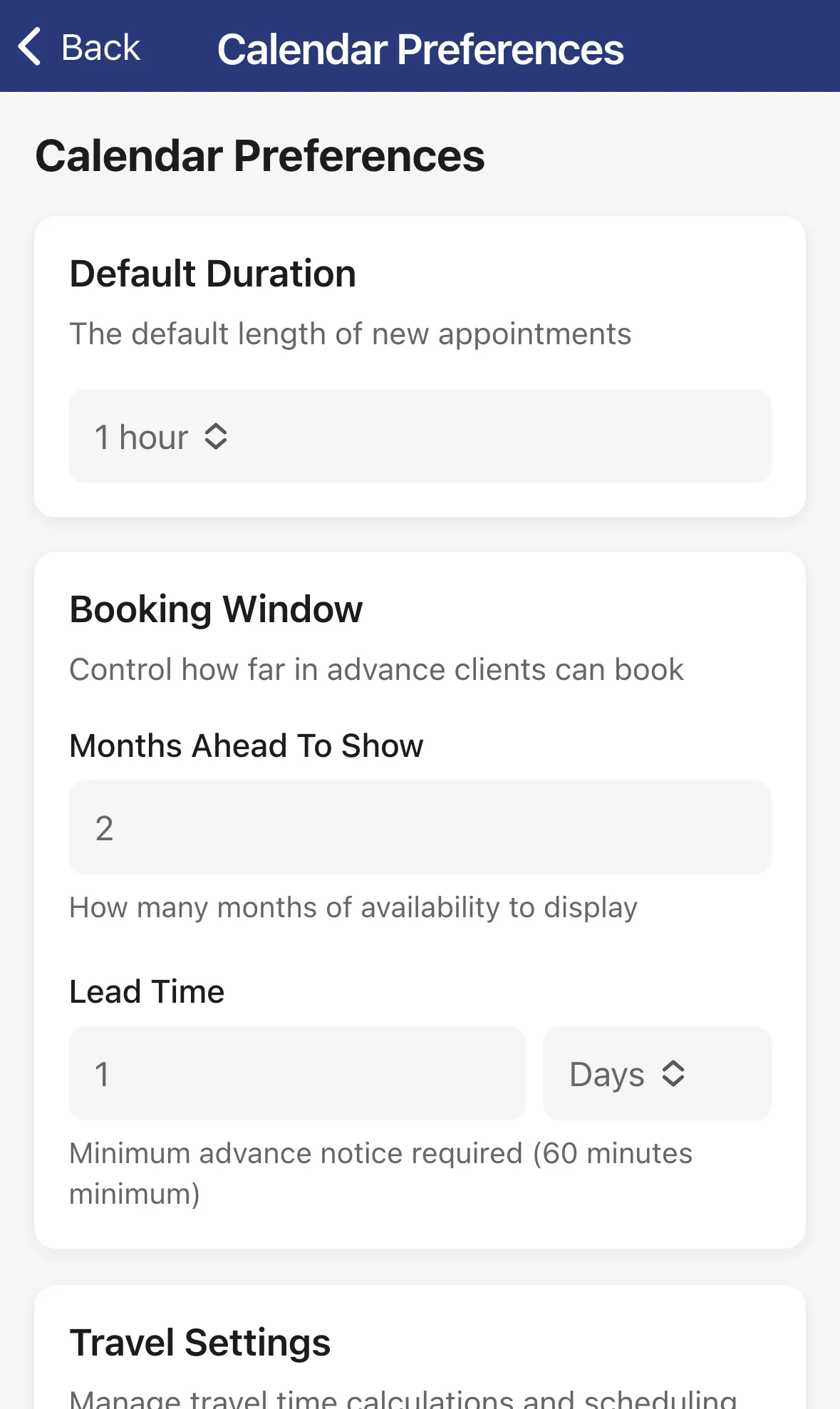 Calendar Preferences with Default Duration and Booking Window