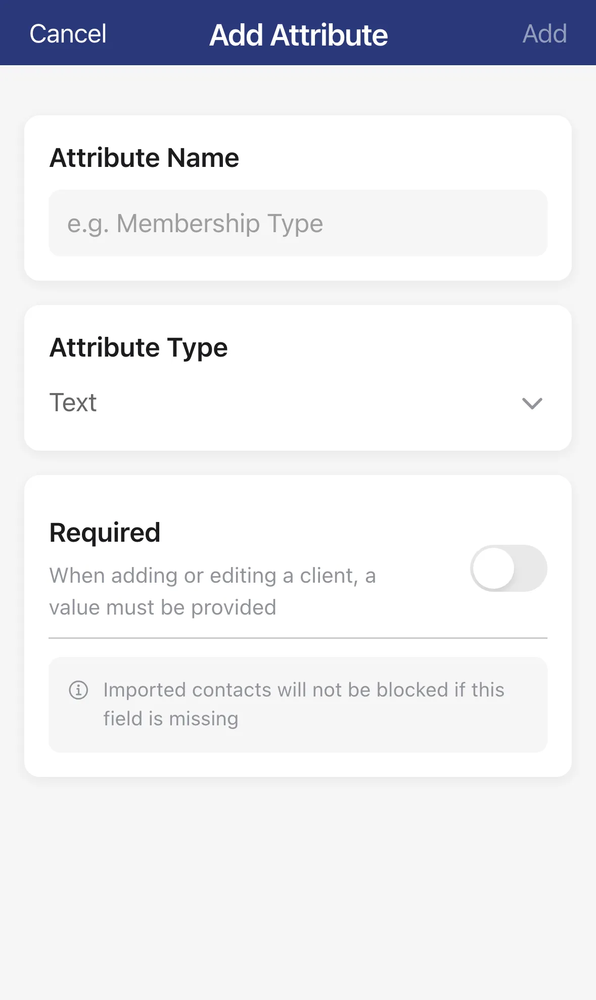The Add Attribute form with Attribute Name, Attribute Type and Required