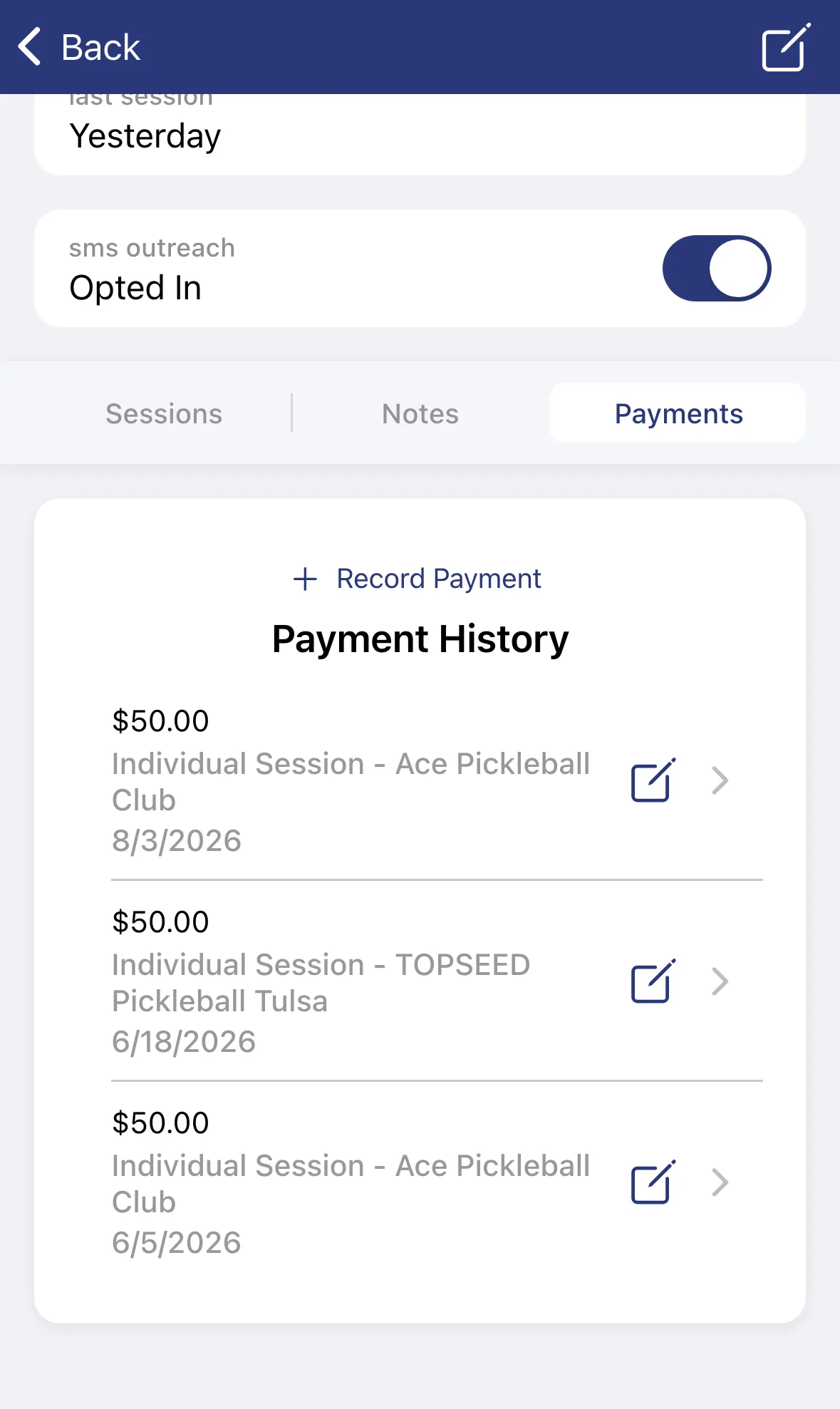 The Payments tab showing Payment History