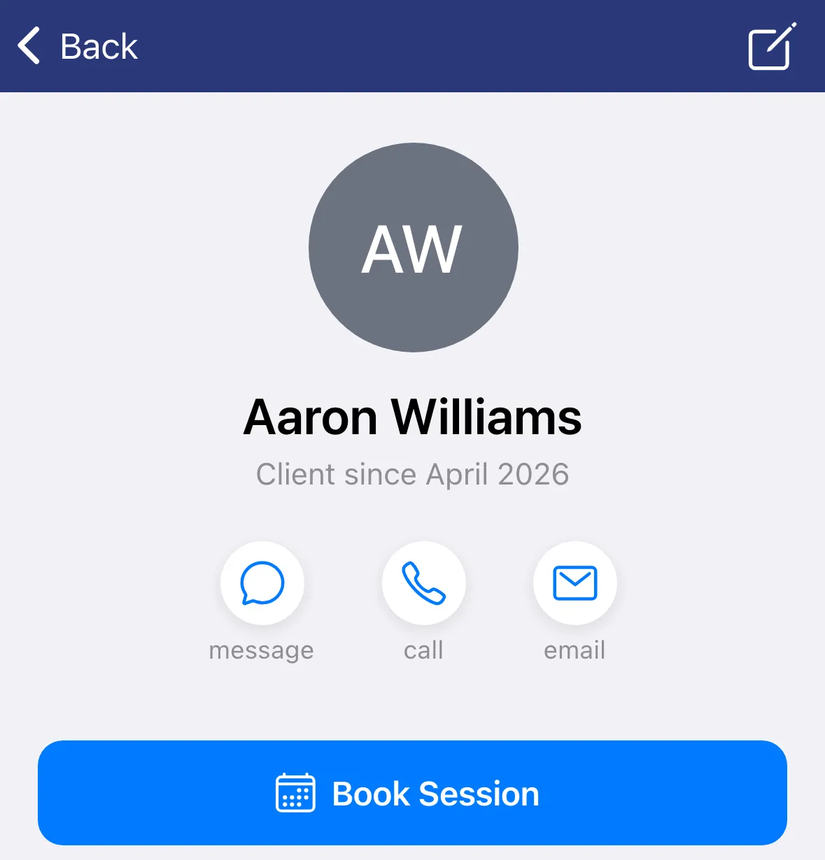 A client's page with their name, quick actions and contact details