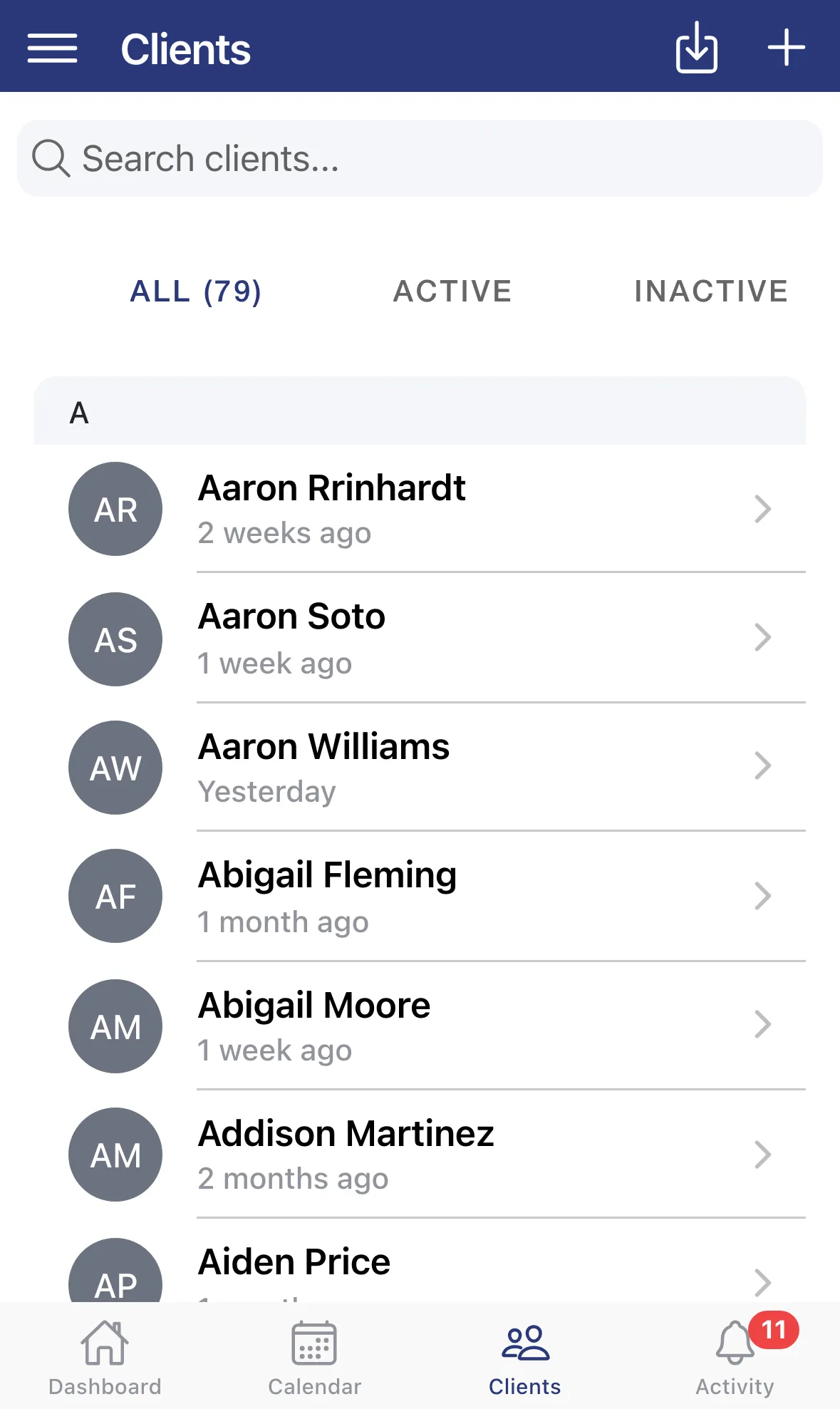 The Clients tab with the import and plus buttons at the top right