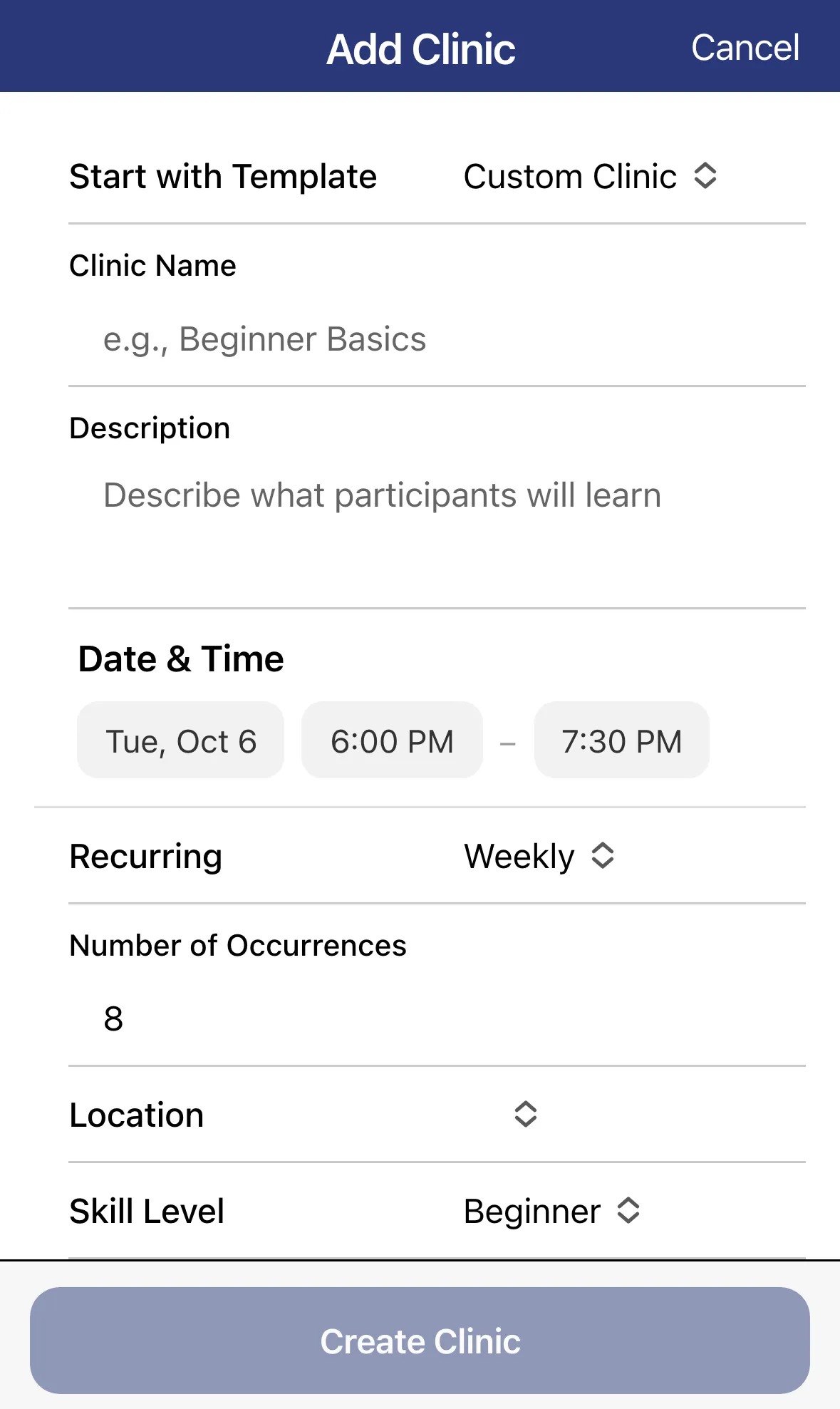 The Add Clinic form
