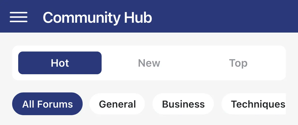 The community feed with Hot, New and Top tabs and the category chips