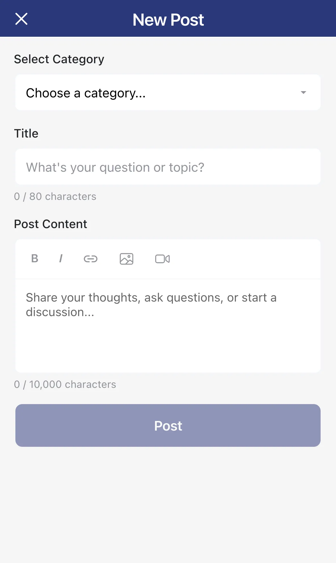 The New Post form with a category, title and content