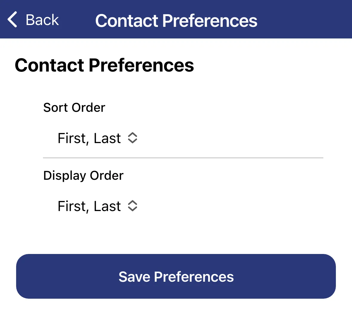 The Contact Preferences screen with Sort Order and Display Order