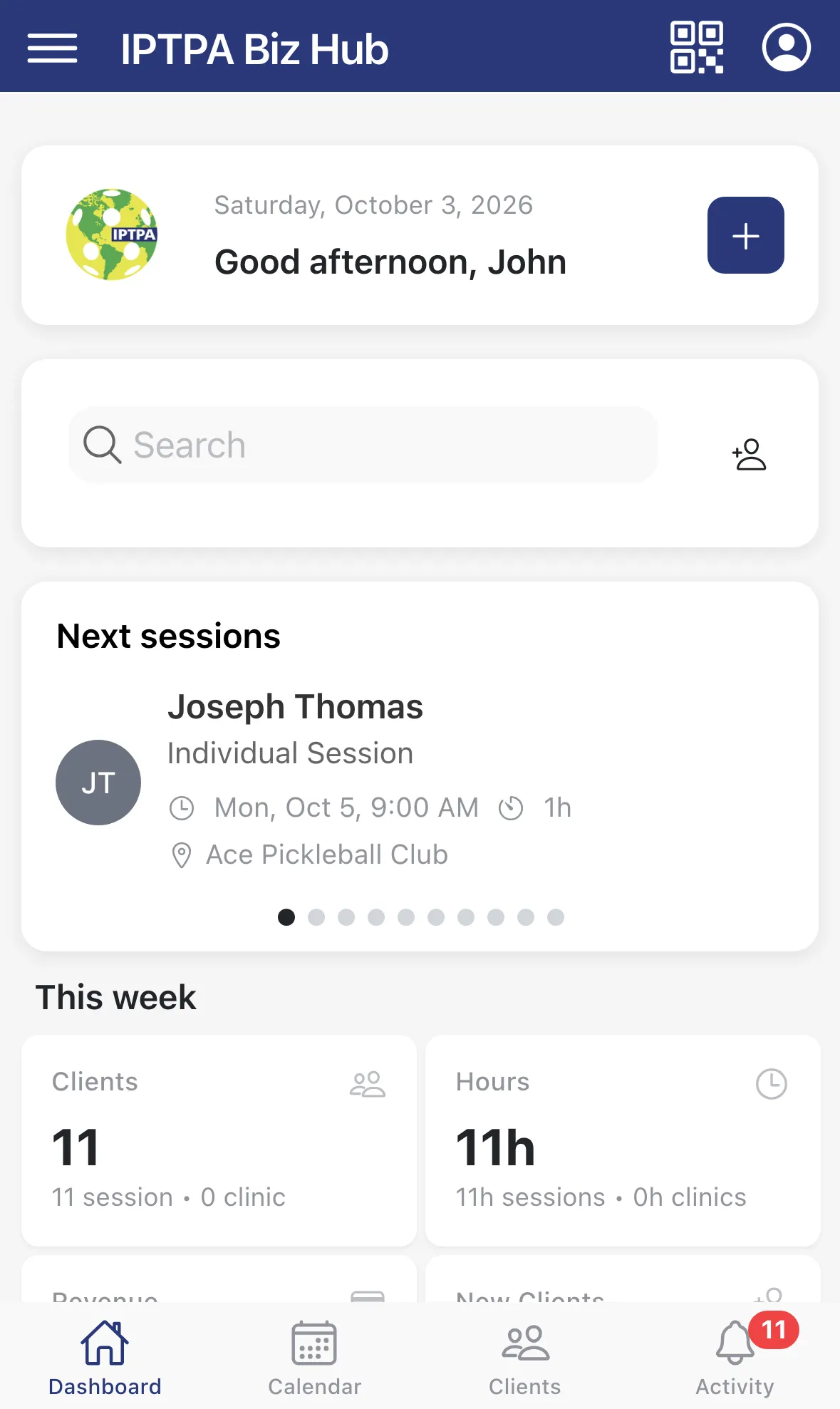 The Dashboard with a greeting, search, the next sessions card and this week's numbers