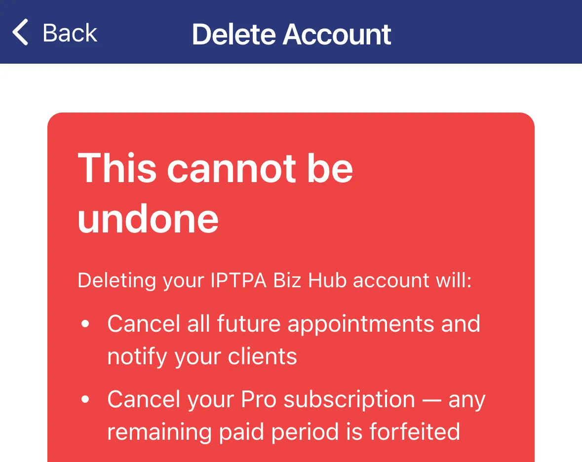 The Delete Account warning listing what will be deleted