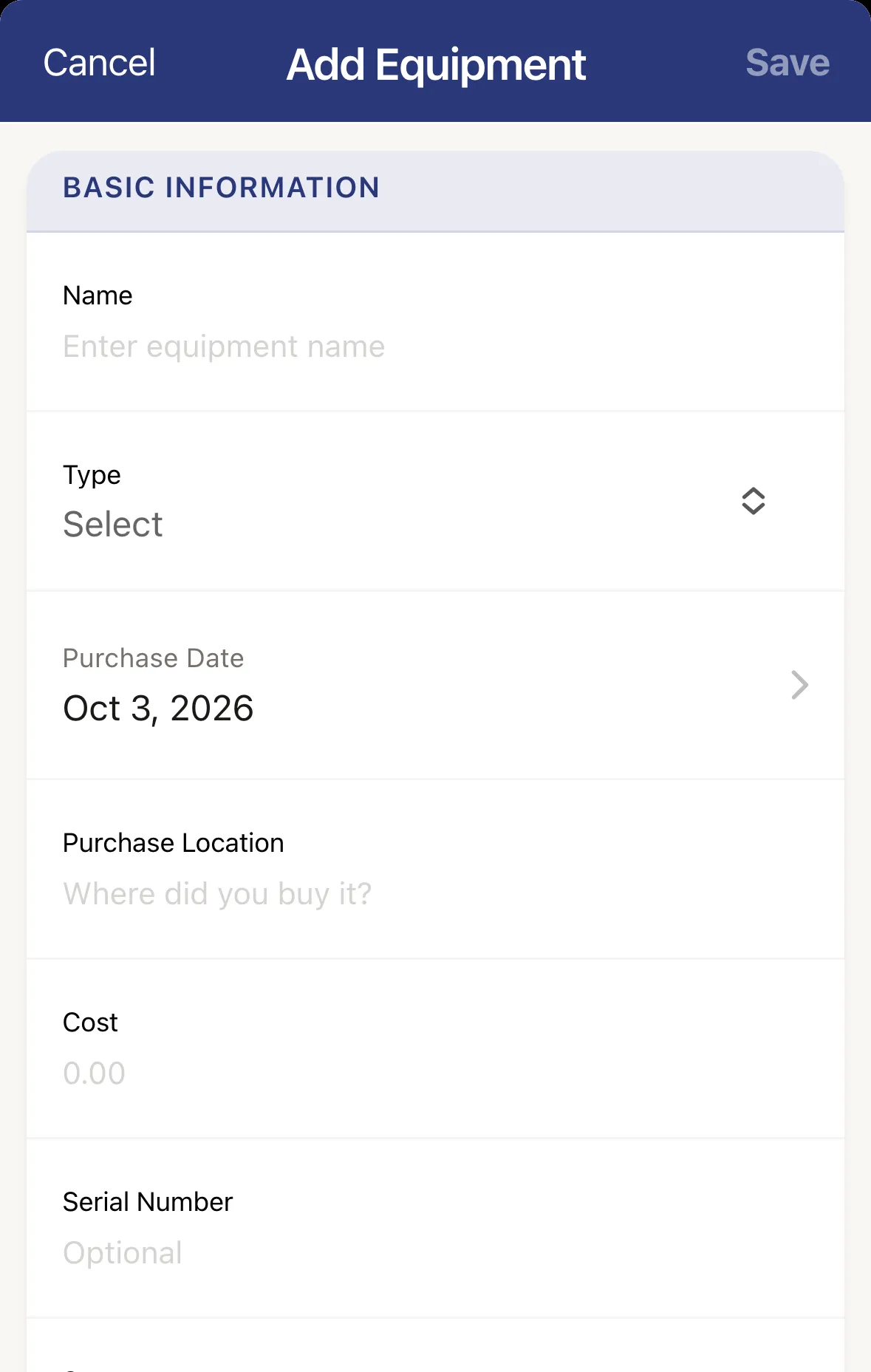 The Add Equipment form with name, type, cost and status