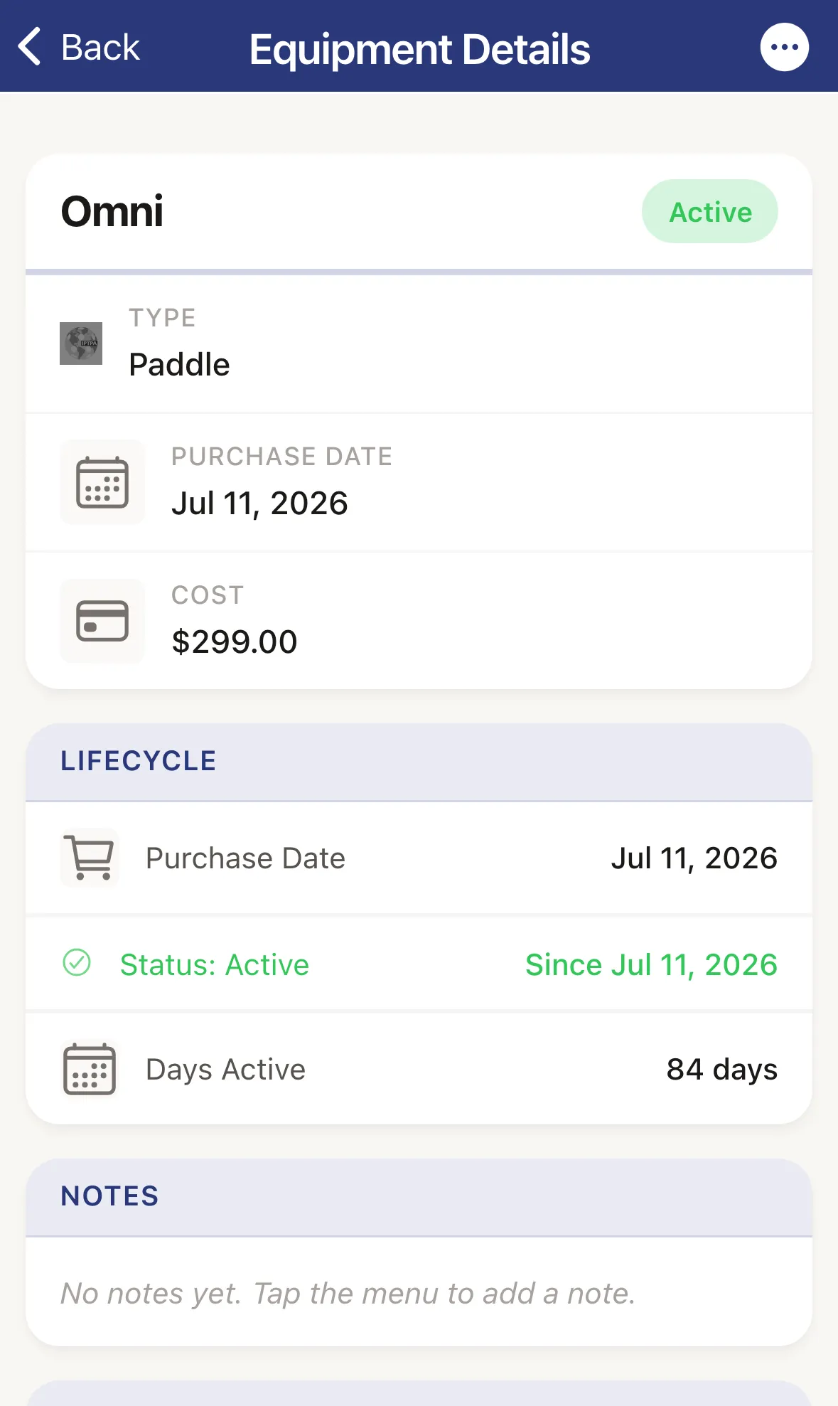 The Equipment Details page for one item