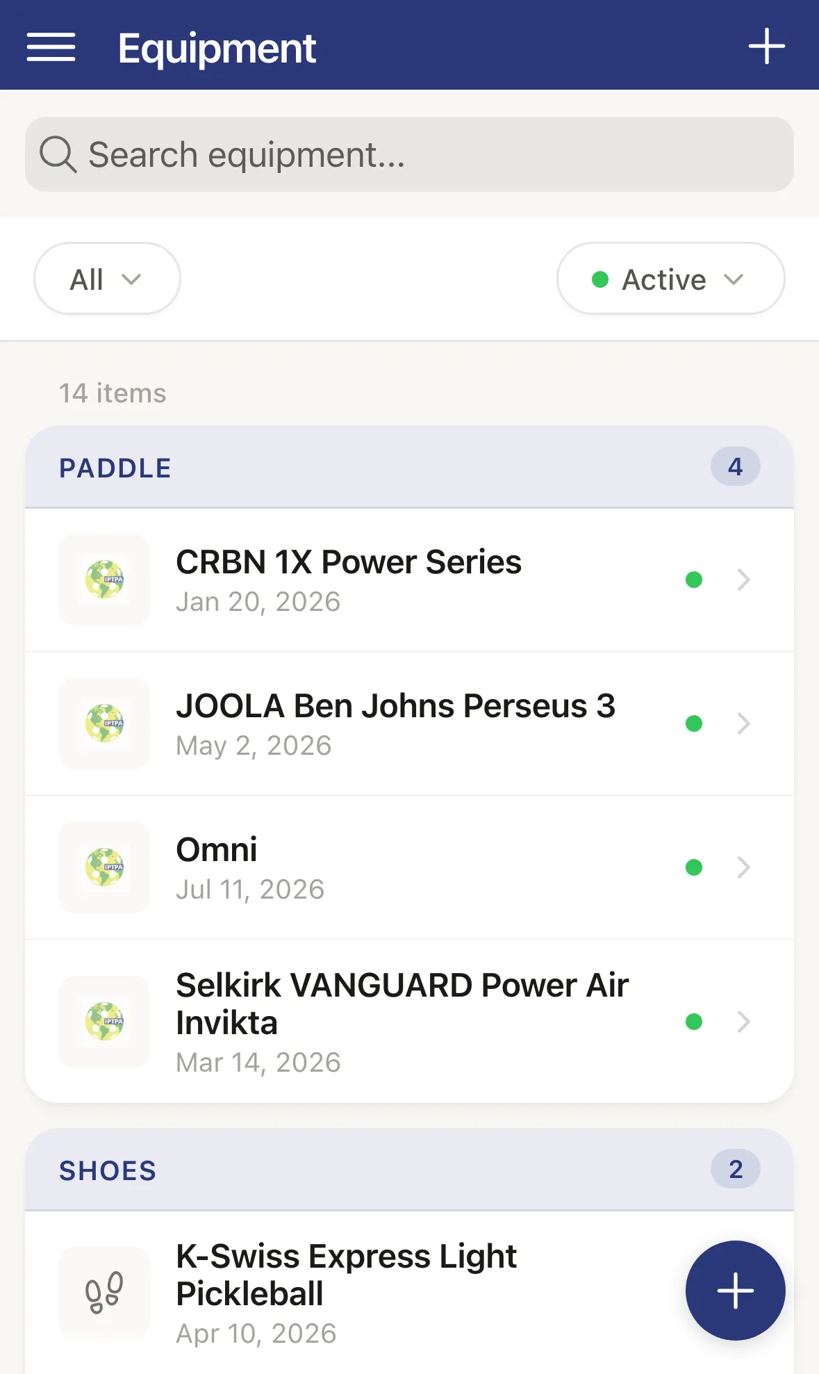 The Equipment list grouped by type with search and filters