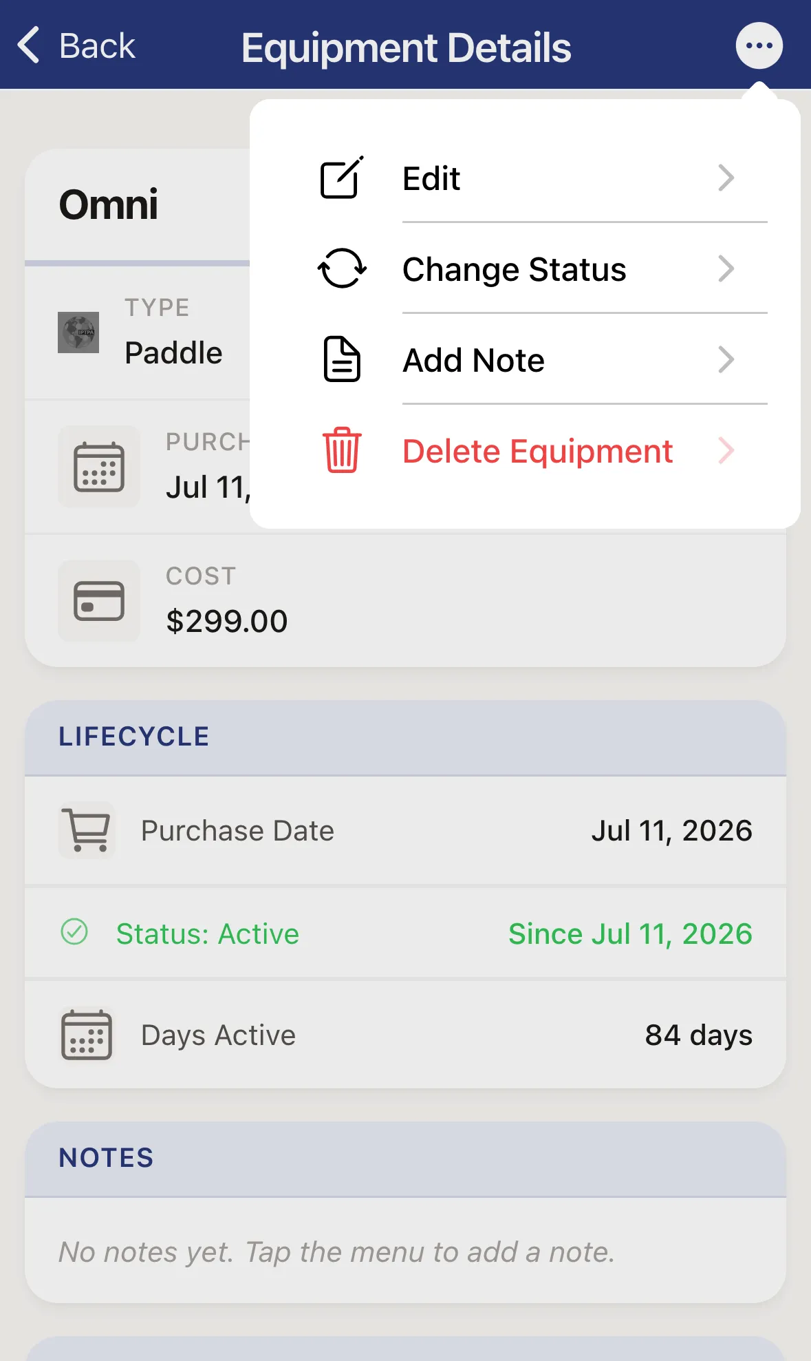The Equipment Details menu with Edit, Change Status, Add Note and Delete Equipment