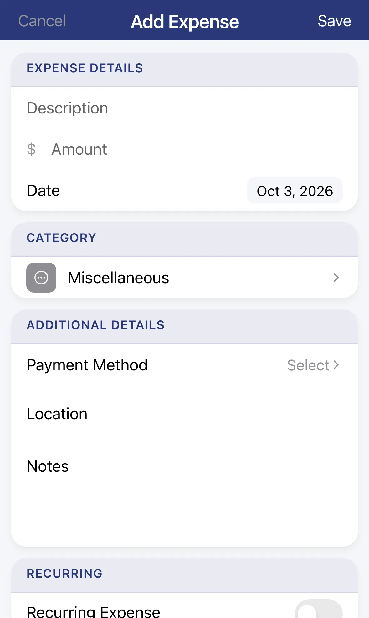 The Add Expense form with description, amount, date and category