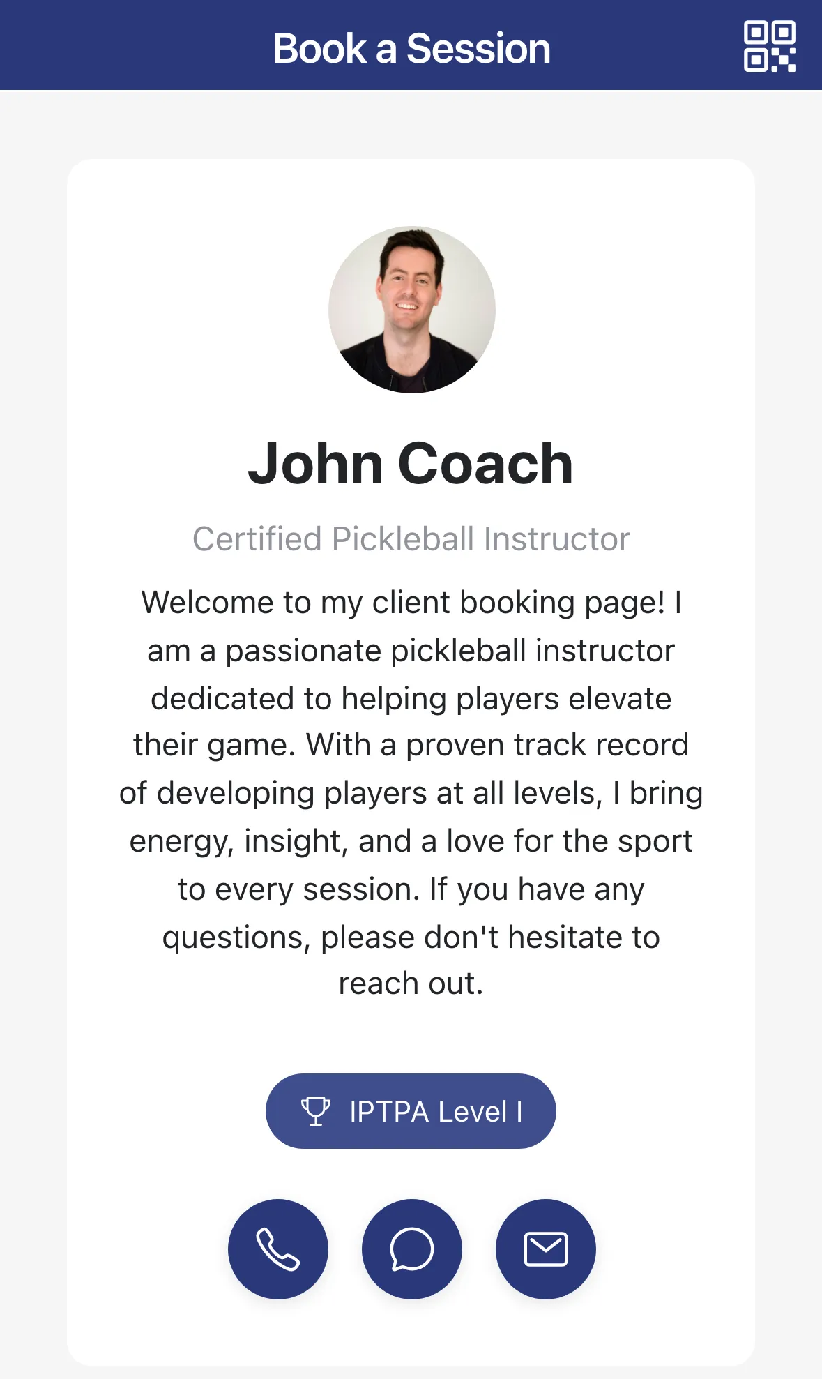 A coach's public booking page with a Book a session button