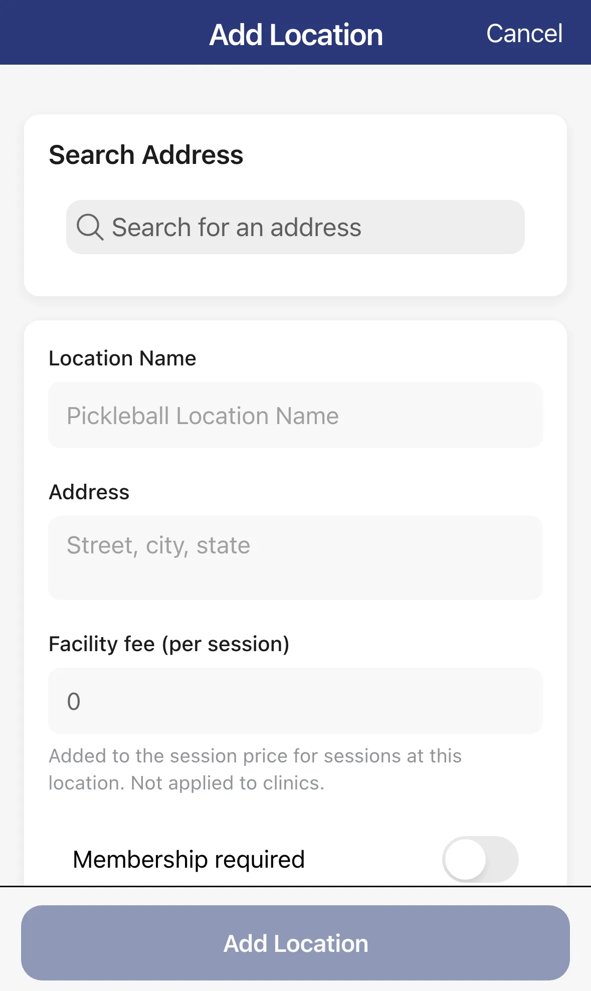 The Add Location form