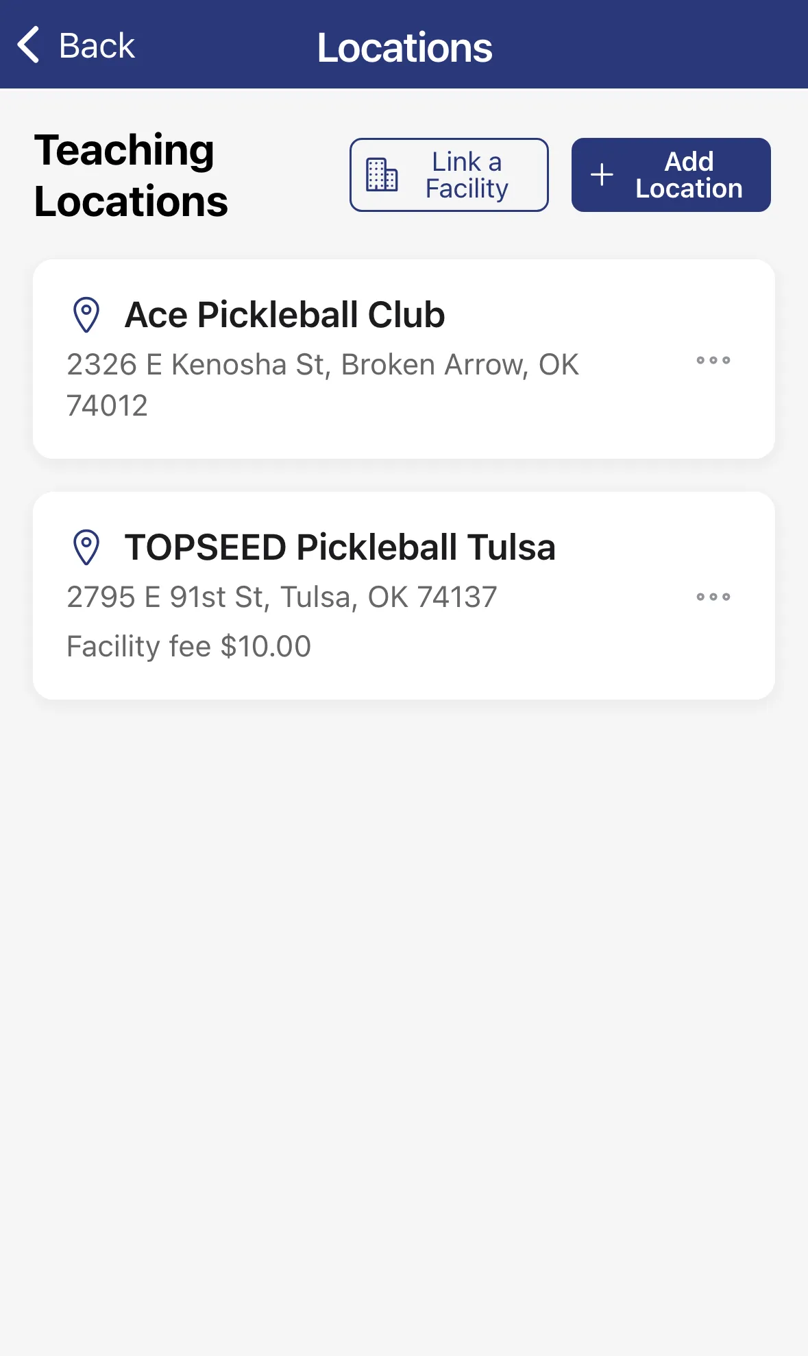 The Teaching Locations list with Link a Facility and Add Location buttons