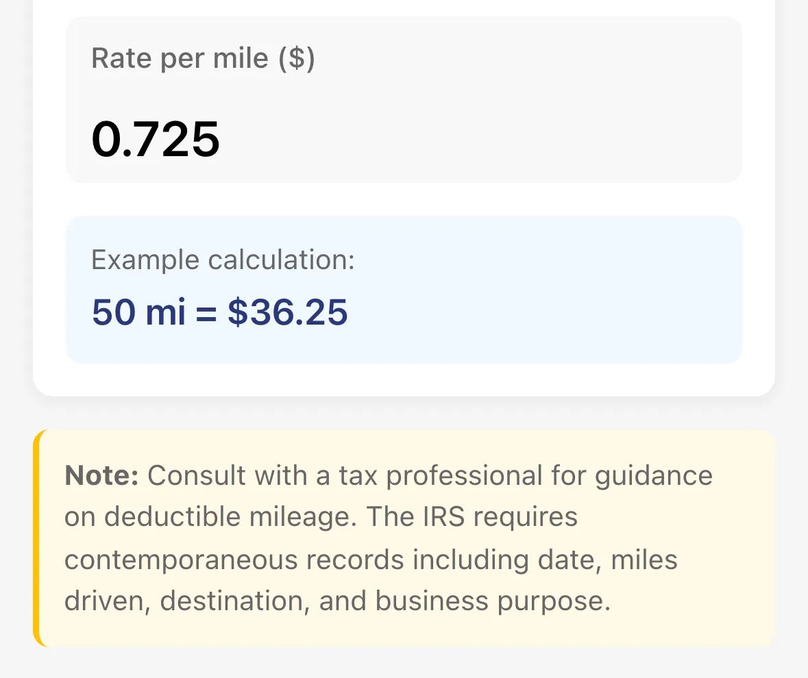 The Mileage screen with the rate field and an example calculation
