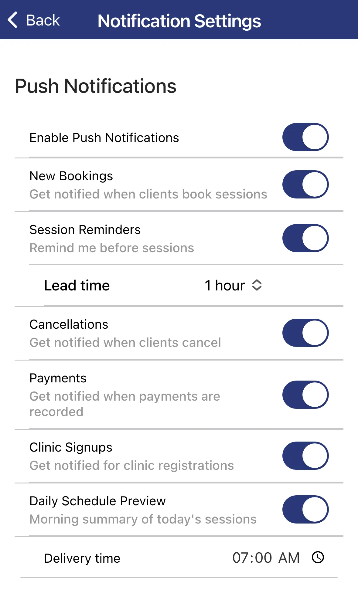 The Push Notifications section with a toggle for each alert