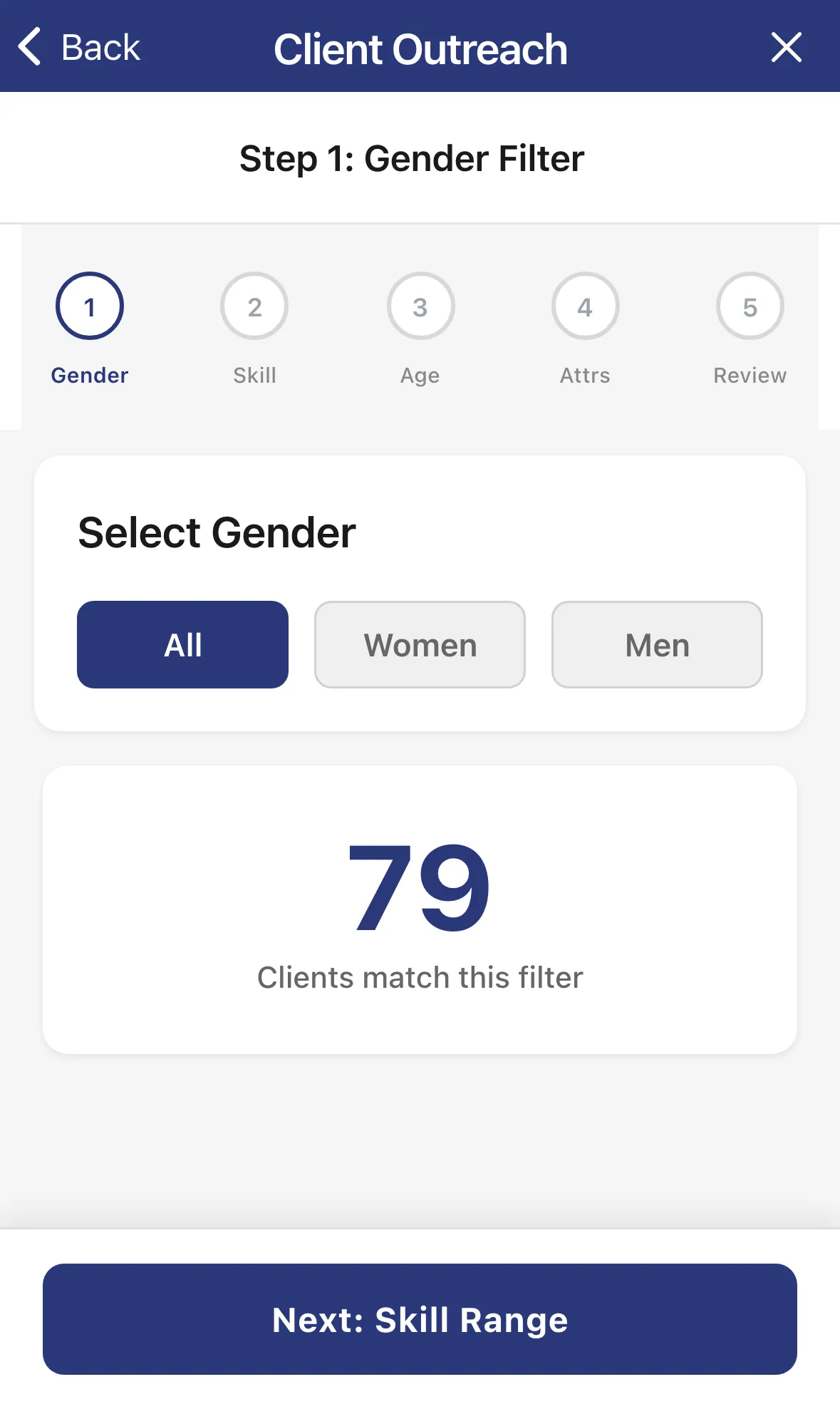 Step 1 of the wizard, Select Gender