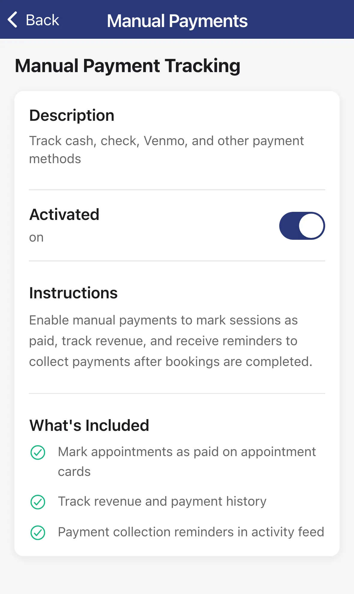 The Manual Payment Tracking screen with the Activated toggle