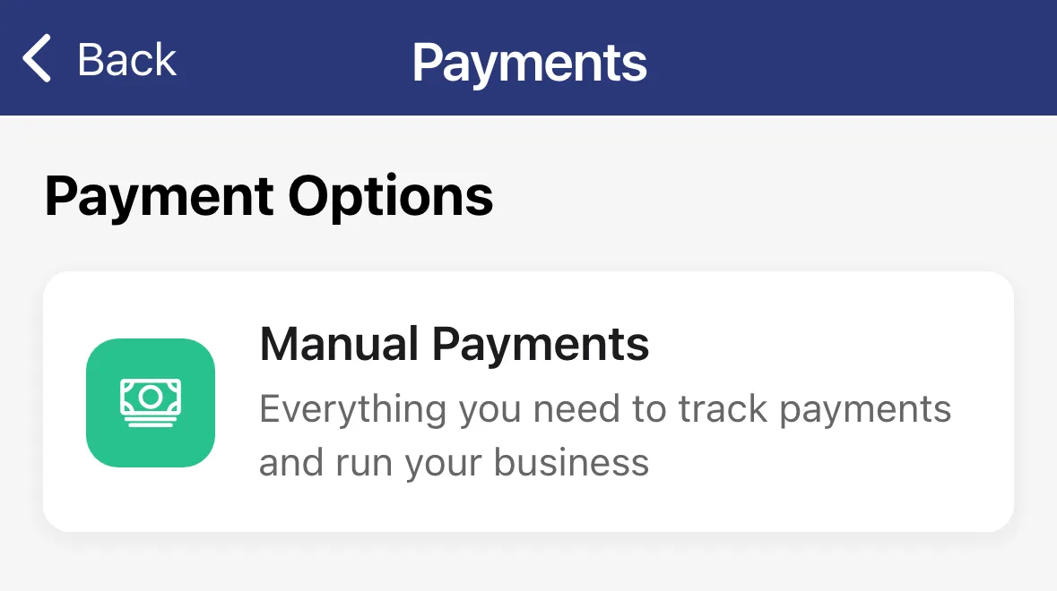The Payments screen with the Manual Payments option