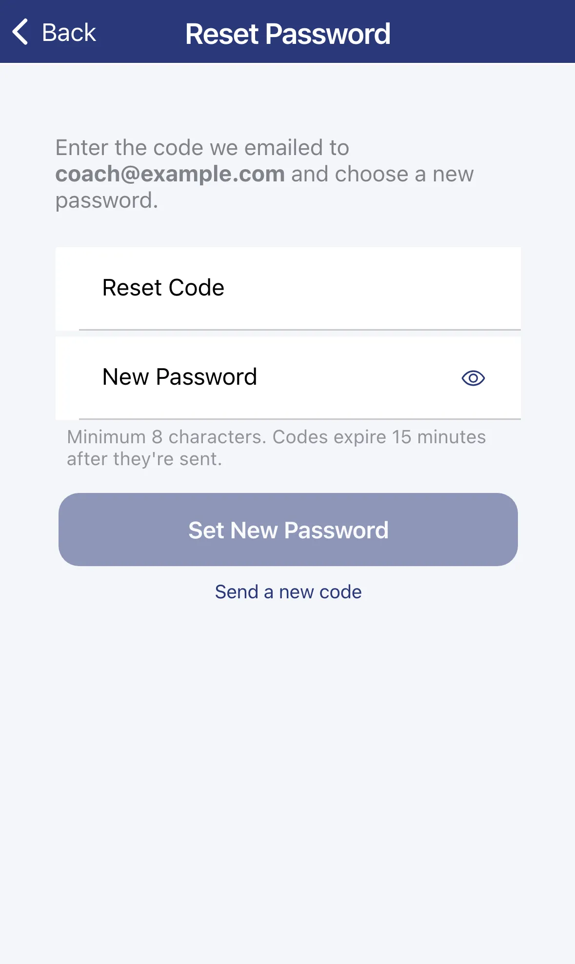 The Reset Password screen with Reset Code and New Password fields