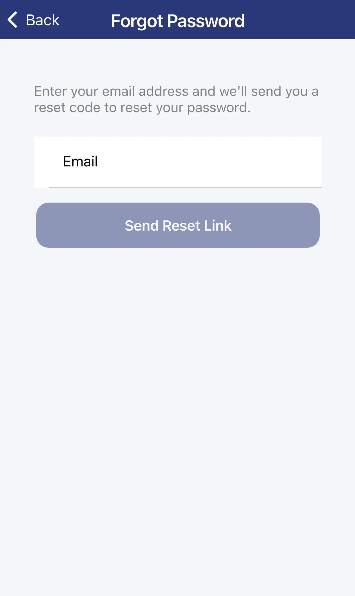 The Forgot Password screen with an email field and Send Reset Link button