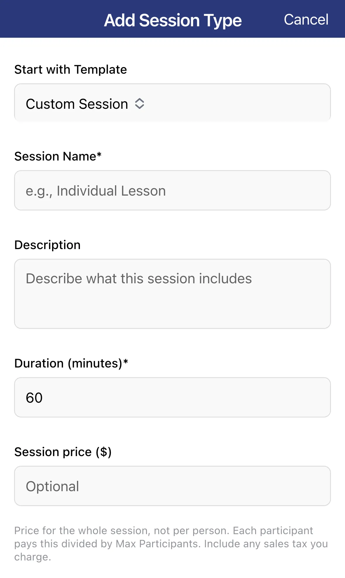 The Add Session Type form