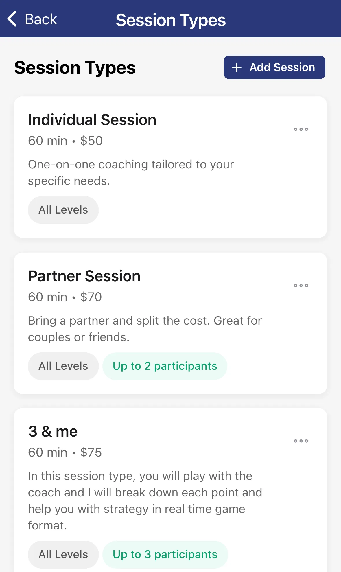 The Session Types list