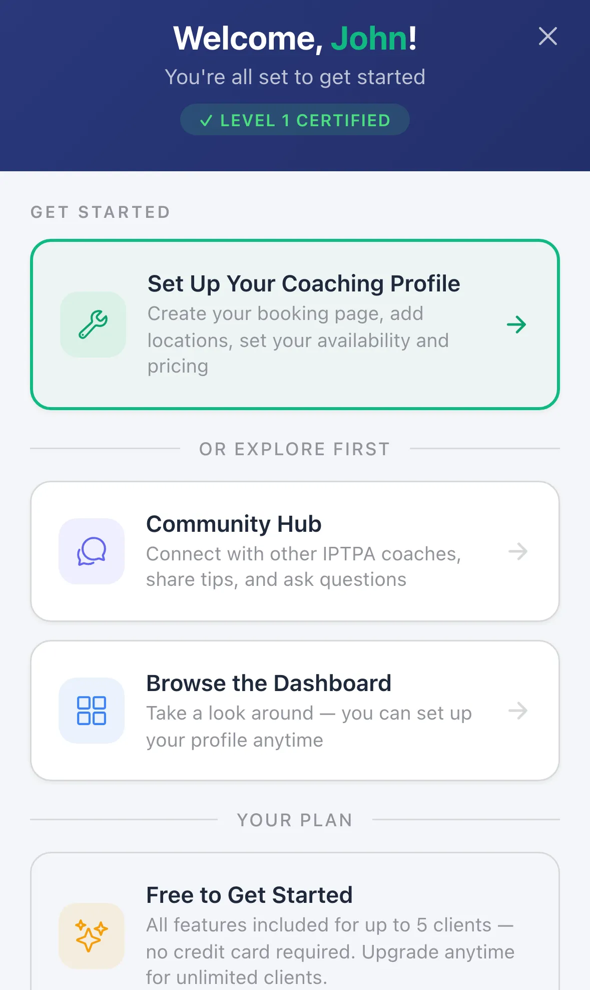 The welcome screen with Set Up Your Coaching Profile at the top