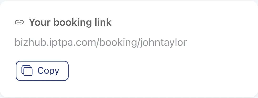 The Your booking link card with a Copy button