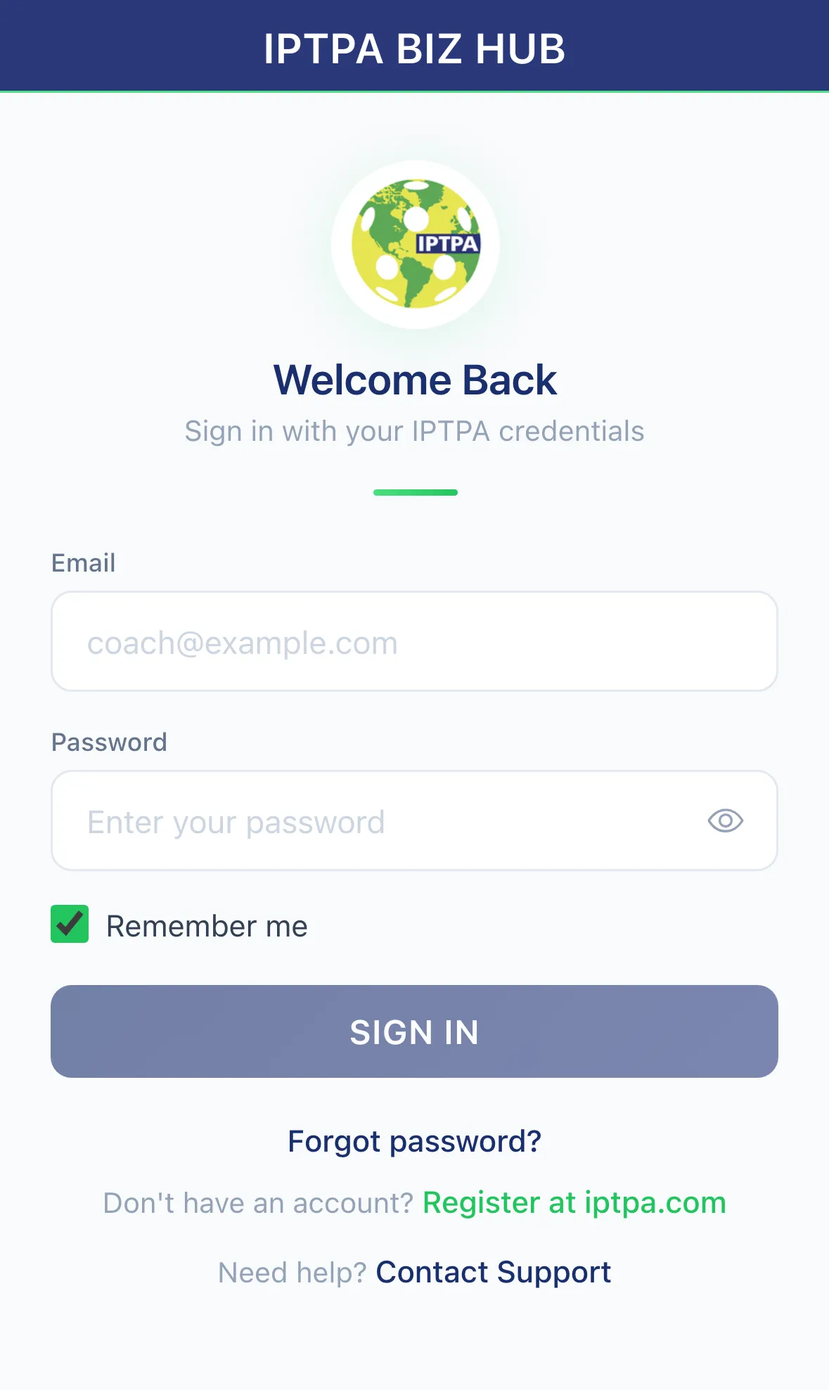 The IPTPA Biz Hub sign-in screen