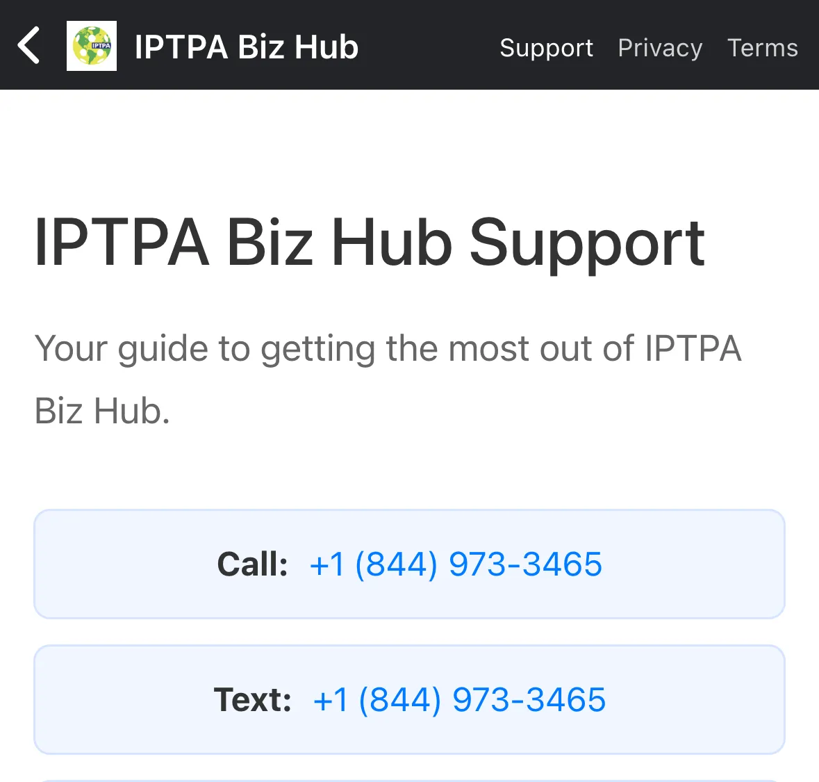 The Support page with its contact and booking buttons